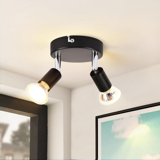 ZMH Deckenstrahler LED Schwarz 2 Flammig - Deckenleuchte Schwenkbar 350¡ã GU10 Rund Metall Deckenspots Innen Deckenlampe Industrial Modern f¨¹r Schlafzimmer K¨¹che Flur Esszimmer Wohnzimmer
