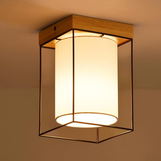 ZMH Deckenleuchte Flur Deckenlampe Holz - 1 Flammig E14 Vintage Flurlampe mit Stoff-Lampenschirm K¨¹chenlampe Industrial Retro Schlafzimmerlampe f¨¹r Schlafzimmer K¨¹che B¨¹ro (ohne Leuchtmittel)
