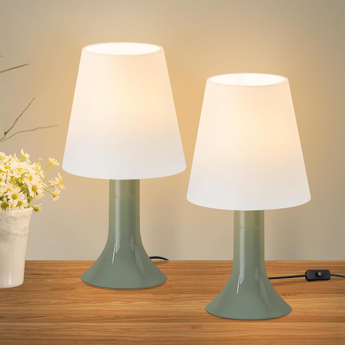 Nachttischlampe Wohnzimmer Tischleuchte mit Kabel - Tischlampe 2er Set Kleine Lampe Grün E14 Tischlampen Moderne Landhausstil für Esstisch Schlafzimmer - Ohne Leuchtmittel