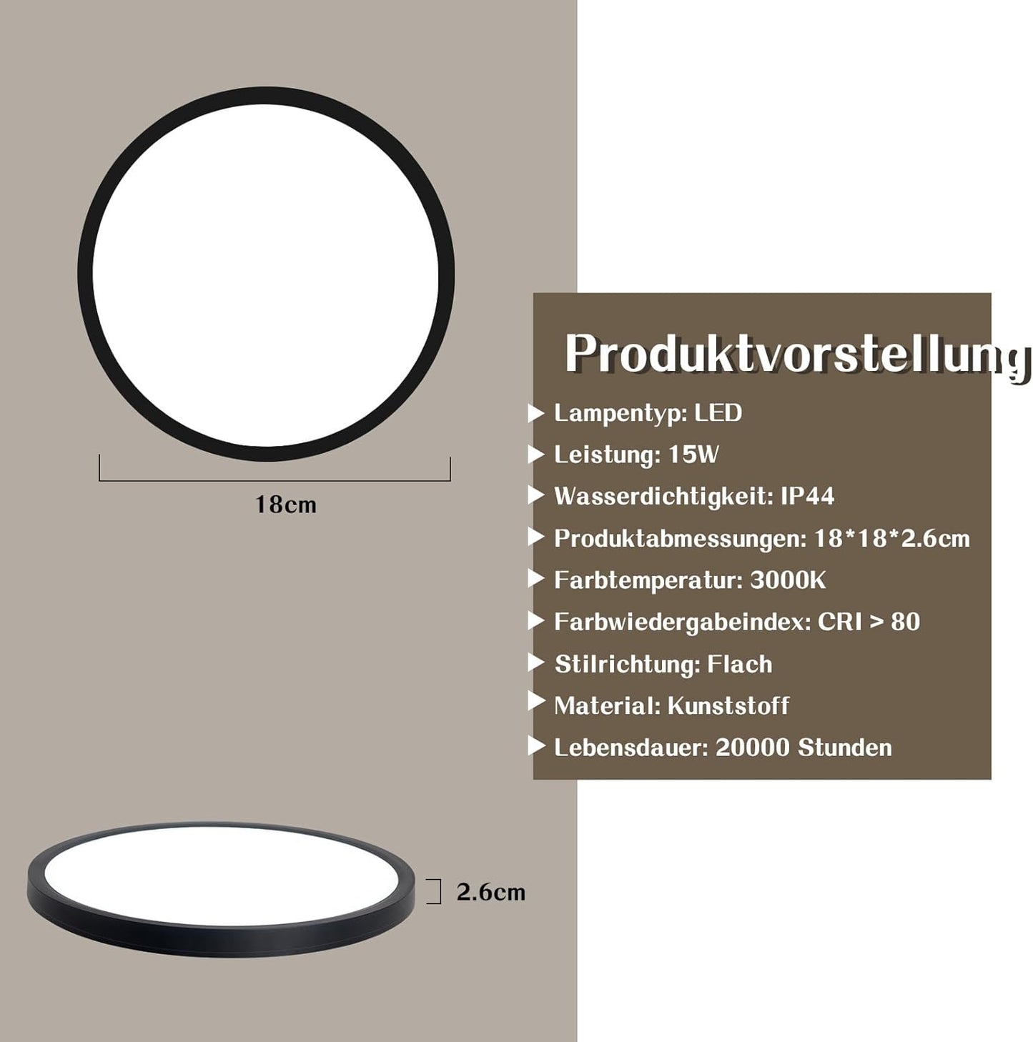 ZMH Deckenlampe LED Deckenleuchte Flach - Schlafzimmerlampe 18CM Badezimmerlampe 15W Küchenlampe Schlafzimmer Schwarz Deckenbeleuchtung Flurlampe Decke Badlampe 3000K für Küche Flur