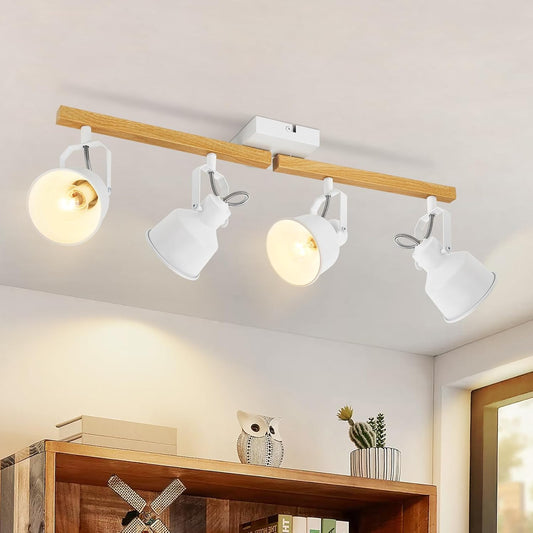 ZMH Deckenstrahler 4 Flammig Wei?: Deckenlampe Vintage Schwenkbar 350¡ã MAX.25W E14 Fassung Industrial Holzmaserung Spotbalken f¨¹r Wohnzimmer Schlafzimmer B¨¹ro (ohne Leuchtmittel)