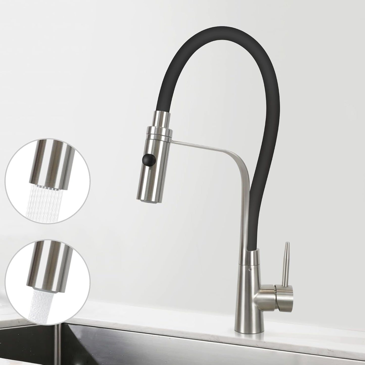 ZMH Wasserhahn Küche Küchenarmatur Schwarz - Armatur mit Brause Ausziehbar Spültischarmatur Spüle 360°Schwenkbarer Mischbatterie Flexibler mit 2 Strahlarten Küchenwasserhahn Hochdruck - Edelstahl