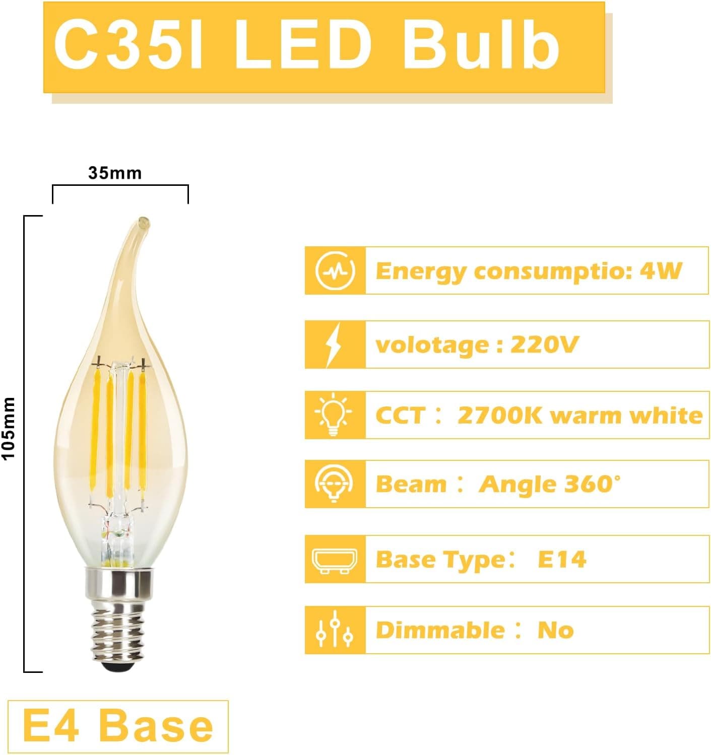 ZMH 6 Stück LED Glühbirne E14 Vintage Lampe - C35L Warmweiss kerze Leuchtmittel Edison Retro Light Bulb 4W Glühlampe Filament Birne Glas Antike Energiesparlampe für Haus Hotel Bar Café ZMH-Lichtstein