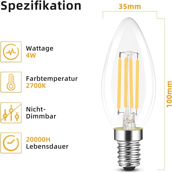 ZMH 6 Stück LED E14 Glühbirne Leuchtmittel: Warmweiß Lampe kerze 4W 2700K Filament Birne Retro Edison C35 Glühlampe Vintage Light Bulb Glas Energiesparlampe - Nicht Dimmbar