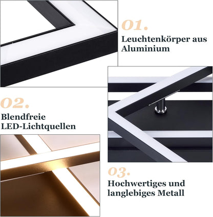 ZMH Deckenlampe LED Deckenleuchte Schwarz - 20W Wohnzimmerlampe Warmweiß Küchenlampe Modern Design Schlafzimmer Lampe Eckig Deckenbeleuchtung für Flur Küche Büro