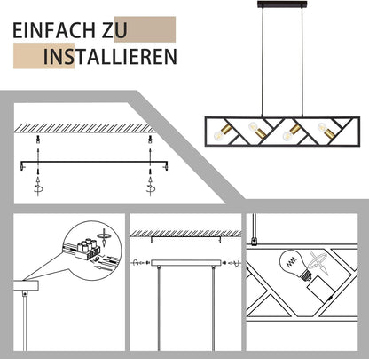 ZMH Pendelleuchte Esszimmer Hängelampe 4 Flammig - Hängeleuchte Schwarz Vintage E27 Hängend Eckig Modern Pendellampe Höhenverstellbar Metall für Wohnzimmer Schlafzimmer Arbeitszimmer Küche