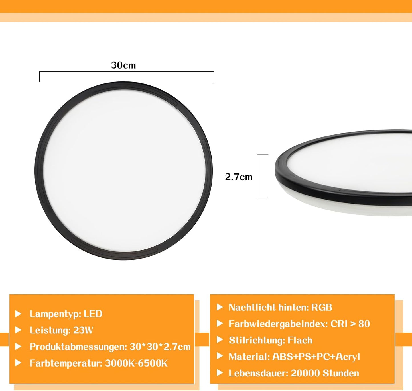Deckenlampe LED Deckenleuchte Flach - Schlafzimmerlampe 30CM Badezimmerlampe 23W Küchenlampe Schlafzimmer Schwarz Deckenbeleuchtung Flurlampe Decke Badlampe 3000K-6500K für Küche Flur