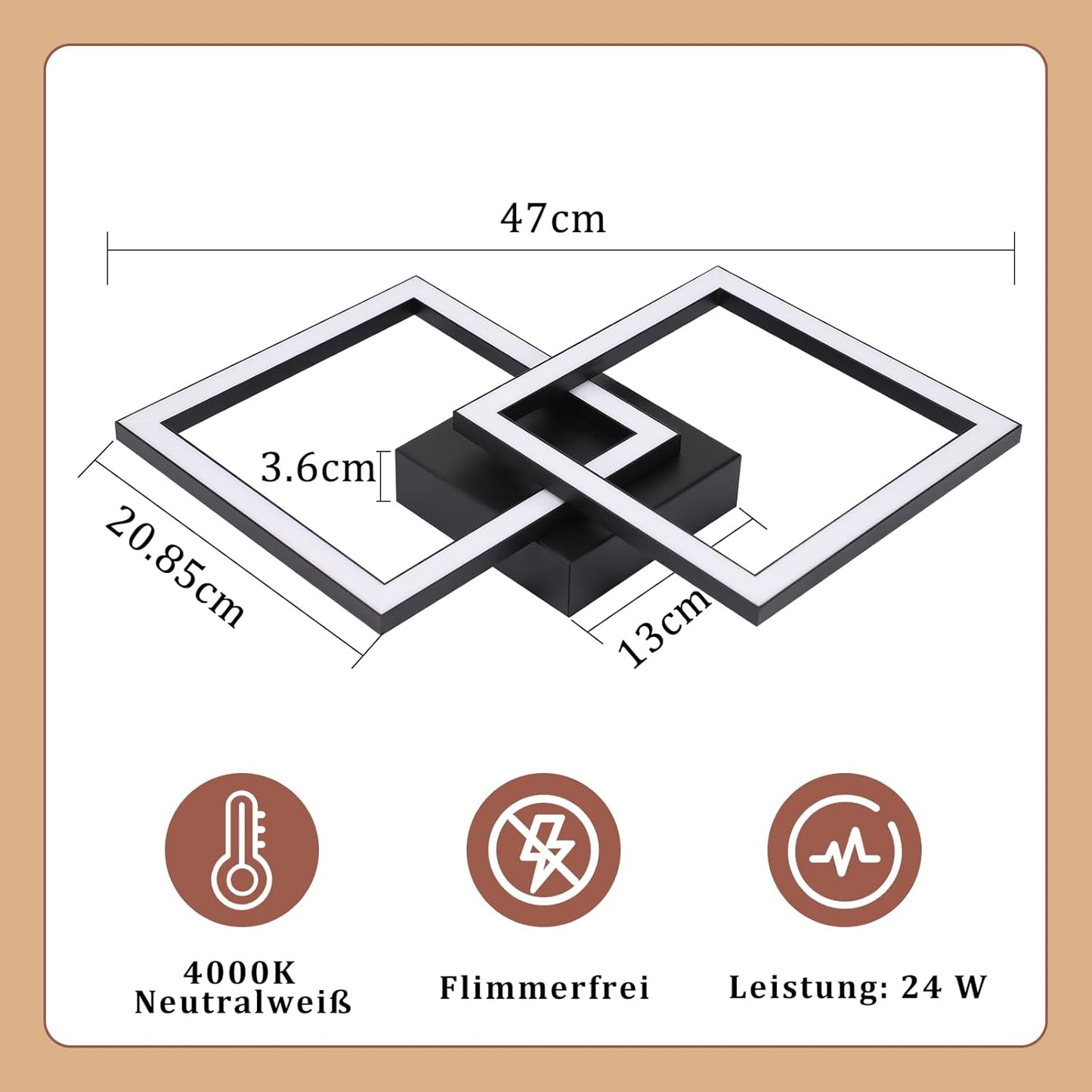 ZMH Deckenlampe LED Deckenleuchte Küche: 24W 4000K Küchenlampe Schwarz Wohnzimmerlampe Modern Design Flurlampe Neutralweiß Schlafzimmerlampe Eckig Deckenbeleuchtung für Wohnzimmer Flur