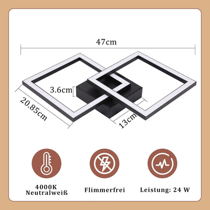 ZMH Deckenlampe LED Deckenleuchte Küche: 24W 4000K Küchenlampe Schwarz Wohnzimmerlampe Modern Design Flurlampe Neutralweiß Schlafzimmerlampe Eckig Deckenbeleuchtung für Wohnzimmer Flur