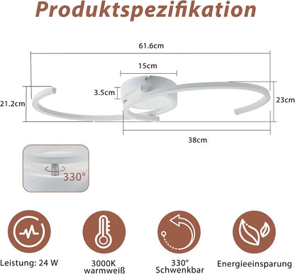 ZMH Deckenlampe LED Deckenleuchte Küche - 24W Wohnzimmerlampe Moderne Design Schlafzimmerlampe 3000K Warmweiß Wohnzimmer Küchenlampe 330° Drehbarer weiß Deckenlampen für Schlafzimmer Esszimmer