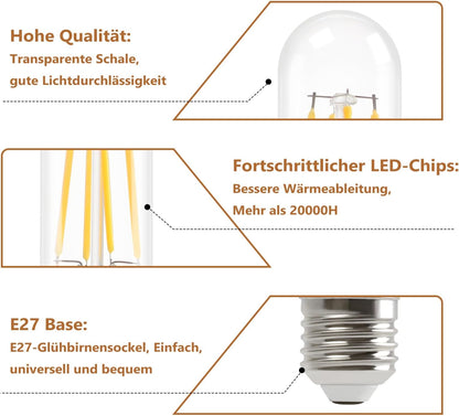 ZMH Gl¨¹hbirne E27 LED Warmweiss - 6er Pack - T30 LED Lampe 4W Edison Vintage Leuchtmittel 2700K Warmwei? Licht Birne Retro Filament Energiesparlampe E27 Sockel Nicht Dimmbar Light Bulbs