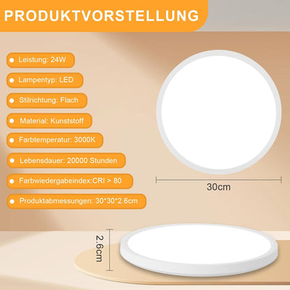 Deckenlampe LED Deckenleuchte Badezimmer - Badezimmerlampe Flach Ø30cm Rhombenplatte Küchenlampe Rund Schlafzimmerlampe Weiß 24W Flurlampe 3000K Badlampe für Bad Küche Flur Schlafzimmer