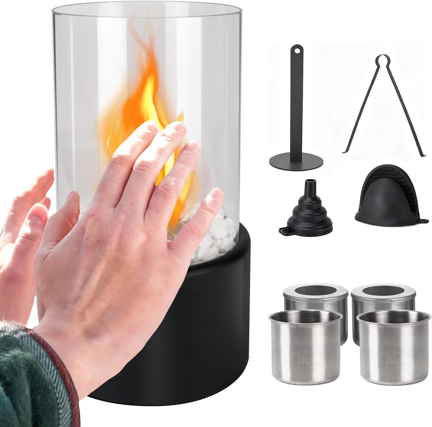 Tischkamin Ethanol Set – Tragbare Tischfeuerstelle mit Deko-Steinen – Dekorativer Innenfeuerstelle Kleine Feuerschale Heizung Edelstahl Ethanolfeuer Geeignet für Zuhause Balkon Garten Camping