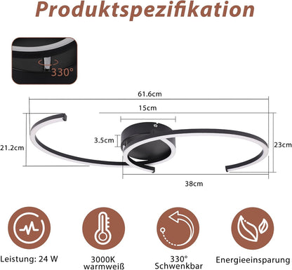 ZMH Deckenlampe LED Deckenleuchte Wohnzimmer - 24W Modern Design Wohnzimmerlampe Schwarz 3000K Warmweiß Küchenlampe Flur Schlafzimmerlampe 330° Drehbarer Metall Deckenleuchten für Küche Büro