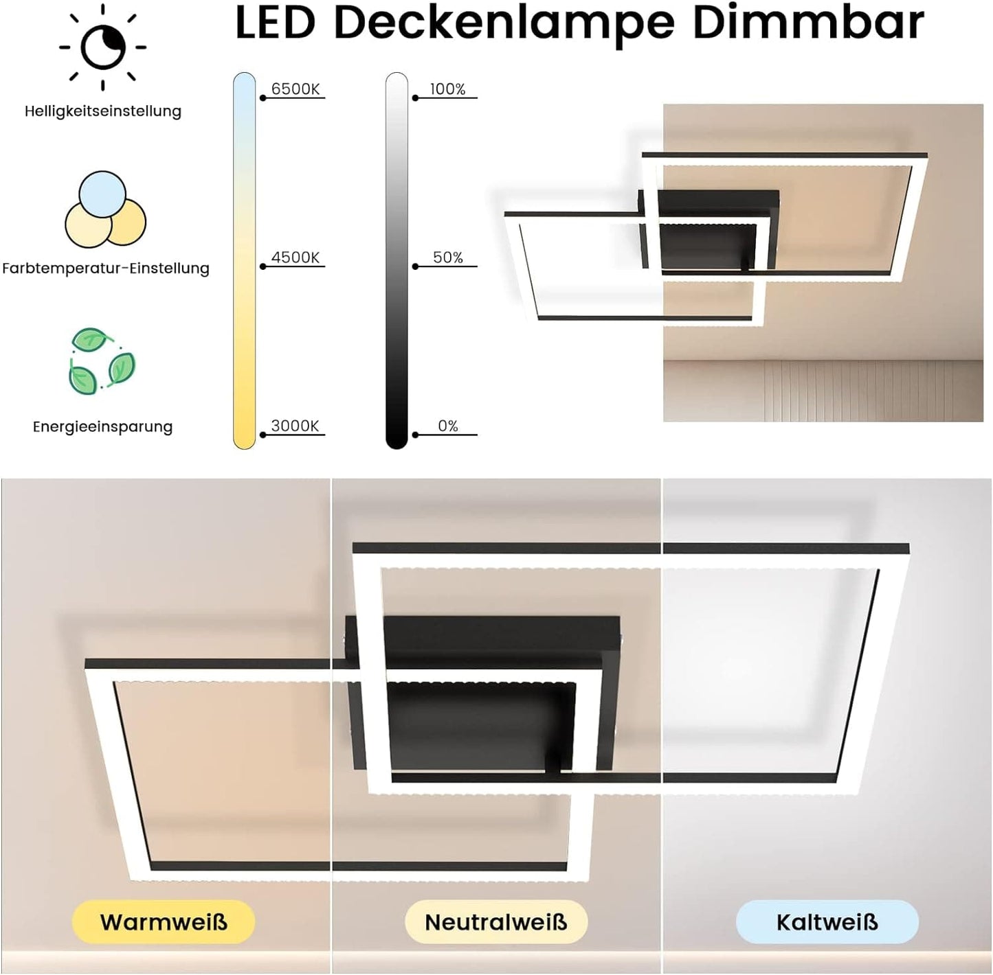 ZMH Deckenlampe LED Wohnzimmer Deckenleuchte: Dimmbar Schwarz Wohnzimmerlampe mit Fernbedienung Schlafzimmerlampe Modern Design Küchenlampe 52W Flurlampe für Schlafzimmer Küche Flur Esszimmer