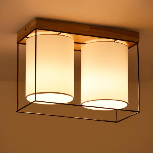 ZMH Deckenlampe Schlafzimmer Deckenleuchte Vintage - 2 Flammig E14 Holz K¨¹chenlampe mit Stoff-Lampenschirm Industrial Retro Schlafzimmerlampe f¨¹r K¨¹che Wohnzimmer Esszimmer (ohne Leuchtmittel)