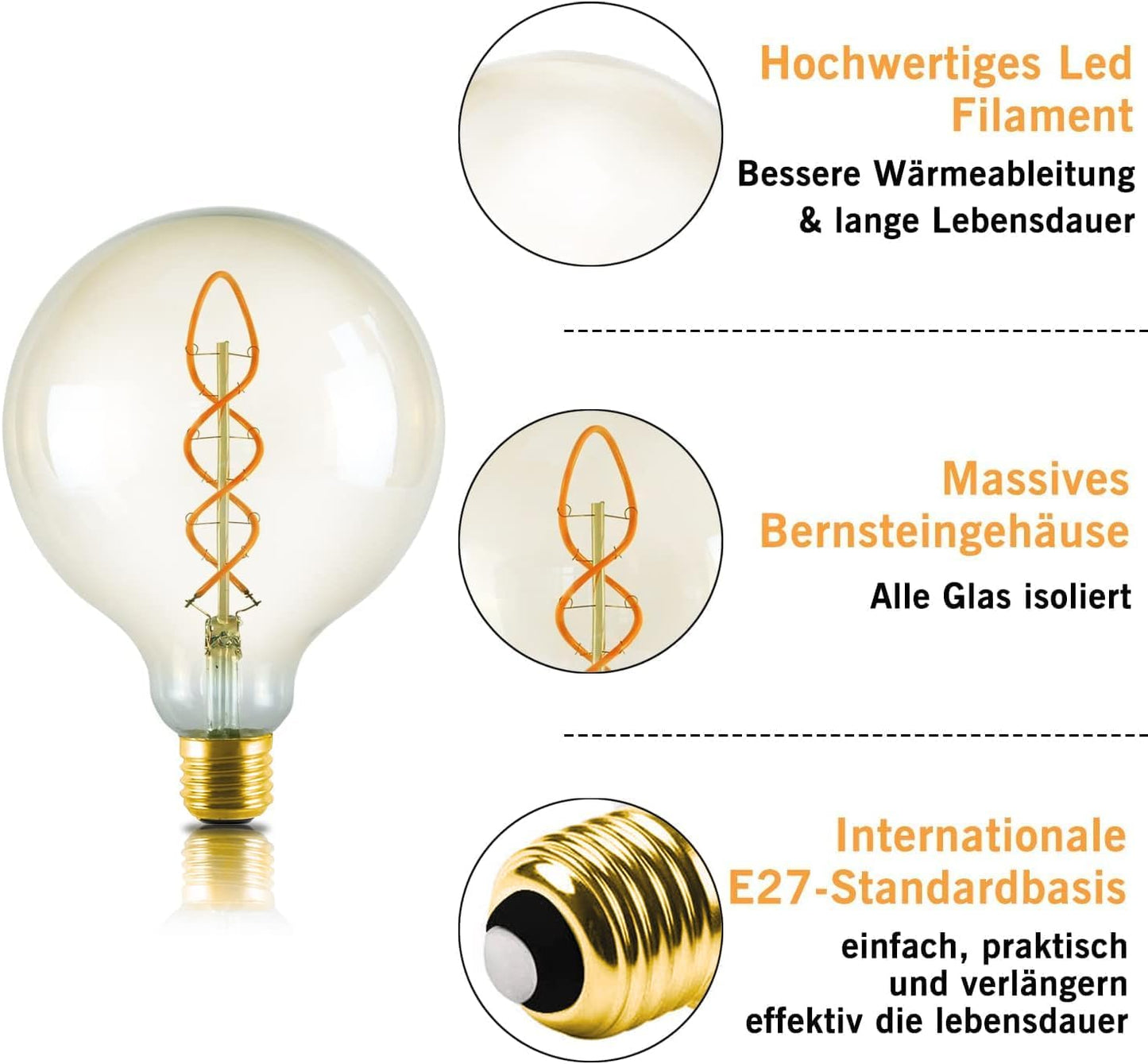 ZMH LED Glühlampe E27 4W Retro Edison Glühbirne Groß Dekorative Filament Globelampen G125 Warmweiß Antike Bulb für Nostalgie und Retro Beleuchtung im Restaurant Wohnzimmer Café Nicht Dimmbar