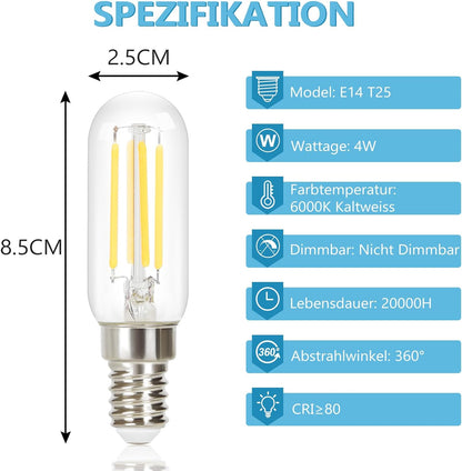 ZMH E14 LED Kaltweiß Glühbirnen Vintage - T25 LED Leuchtmittel Lampe 6000K E14 Birnen 4W Energiesparlampe Light Bulbs Edison Glühlampen Filament Dunstabzugshaube Glas 360° Abstrahlwinkel 4 Stück