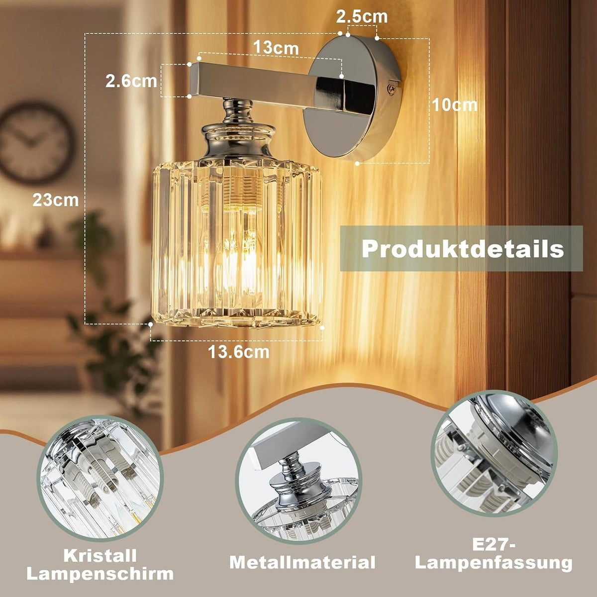 ZMH Wandleuchte Innen Moderne-Wandlampe Kristall Wandbeleuchtung E27 Nachttischlampe Wand Flurlampe Wand 1 Flammig für Schlafzimmer Wohnzimmer Treppenhaus Flur