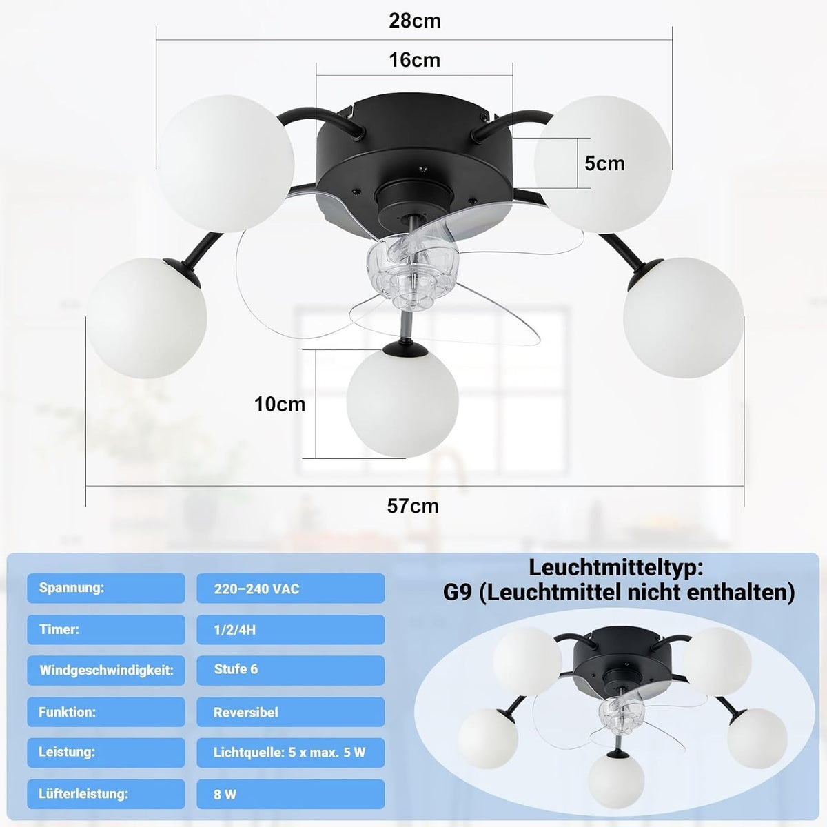 ZMH Deckenleuchte mit Ventilator Leise Deckenventilator Ohne Licht