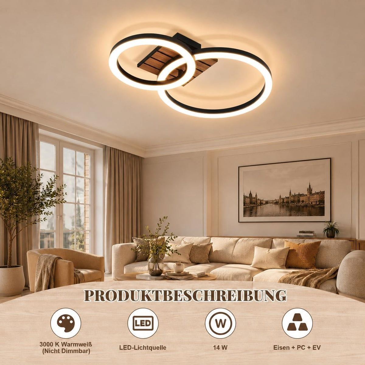 ZMH Deckenleuchte Wohnzimmer Deckenlampe LED 2-Ring Design Küchenlampe