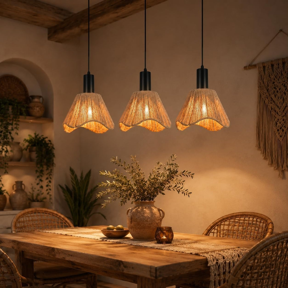 ZMH Hängelampe Boho Pendelleuchte Rattan 3 Flammig Esstischlampe