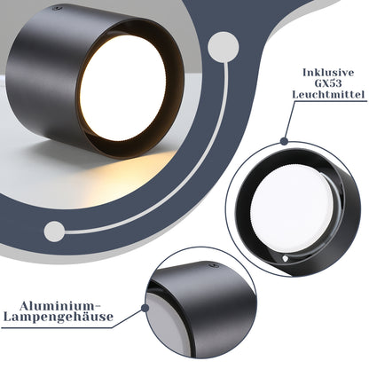 ZMH LED Aufbauspot Schwarz Aufbaustrahler: Deckenspots Rund 5W kleine Deckenleuchte Aufputz GX53 3000K Aufbauleuchte schwenkbar aus Aluminium Deckenstrahler f¨¹r Wohnzimmer Treppenhaus Flur