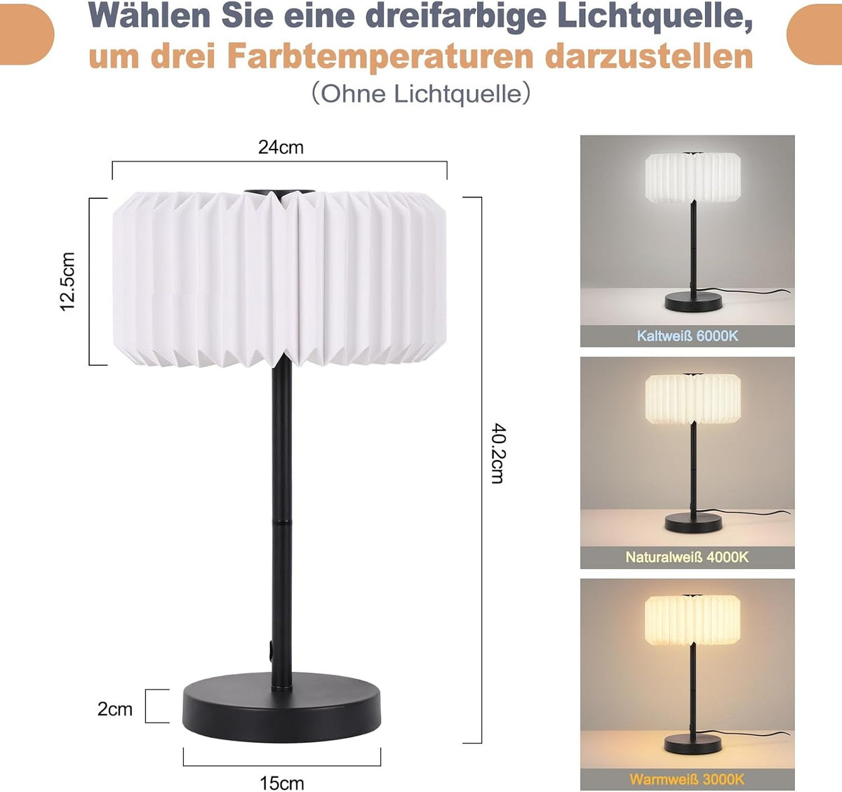 ZMH Nachttischlampe Wohnzimmer Tischlampe mit Kabel - Tischleuchte