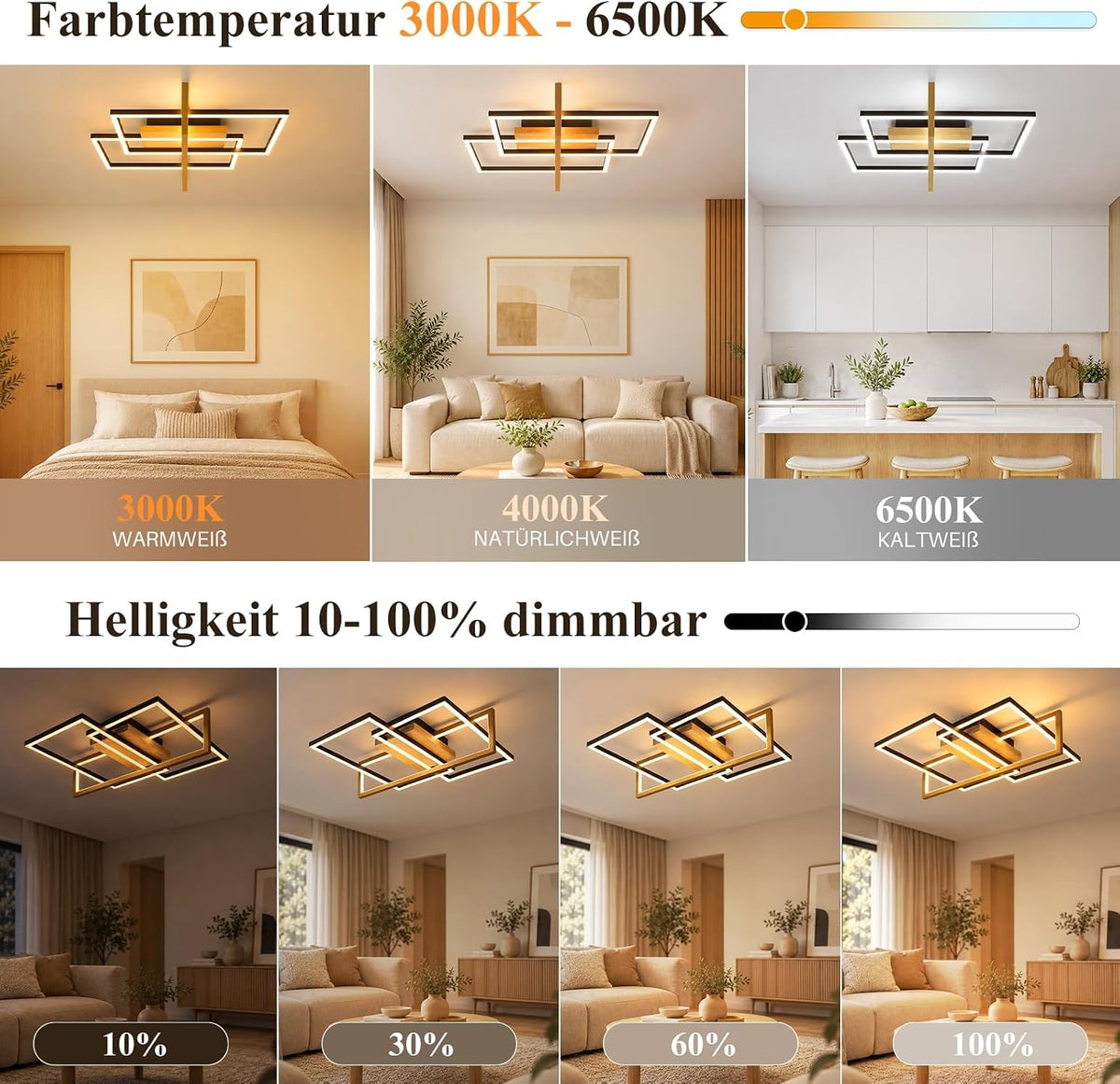 ZMH Deckenlampe Wohnzimmer LED Schwarz Deckenleuchte 46W Holz Küchenlampe