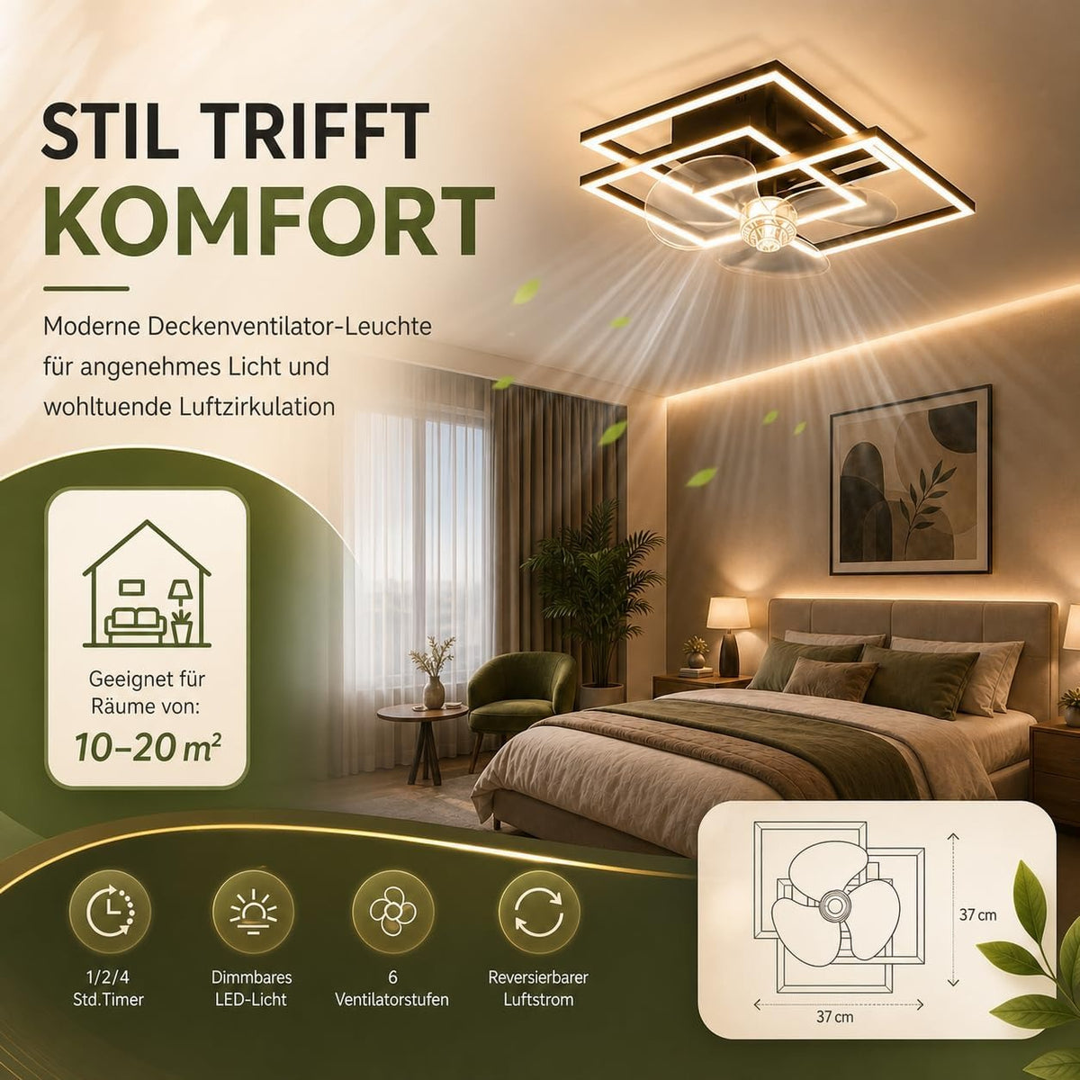 ZMH LED Deckenventilator mit Licht Modern Schwarz 29W Dimmbare