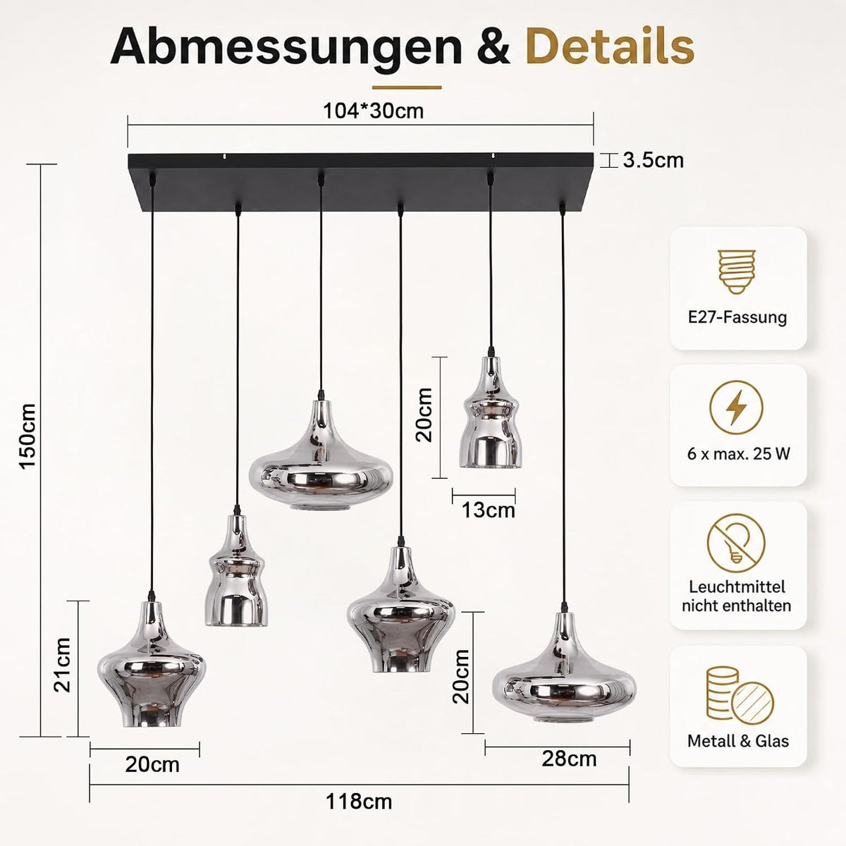 ZMH Hängelampe Esstisch Pendelleuchte Wohnzimmer 6 Flammig E27 Vintage
