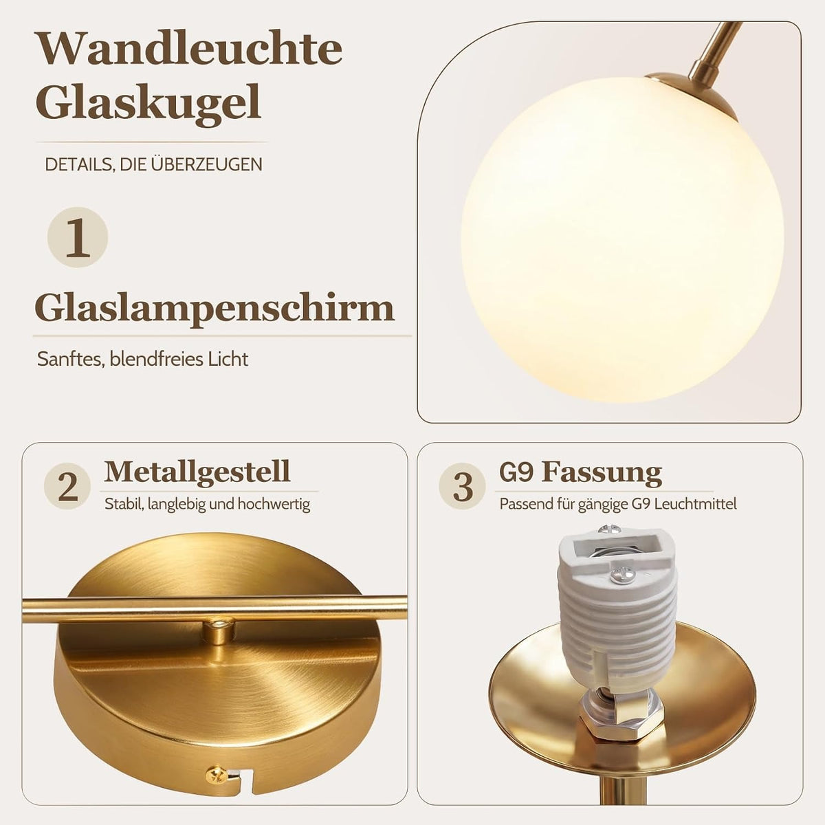 ZMH Wandleuchte Innen Wandlampe Schlafzimmer G9 Flurlampe Gold Glaskugel