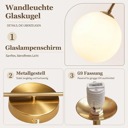 ZMH Wandleuchte Innen Wandlampe Schlafzimmer G9 Flurlampe Gold Glaskugel
