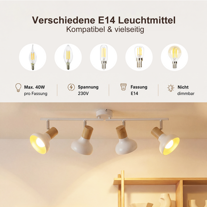 ZMH Deckenstrahler 4 Flammig Deckenleuchte Vintage - Deckenlampe Wohnzimmer Weiß Strahler Innen E14 Deckenspots Metall Industrial 350°Schwenkbar Spots für Flur Schlafzimmer(Ohne Leuchtmittel)