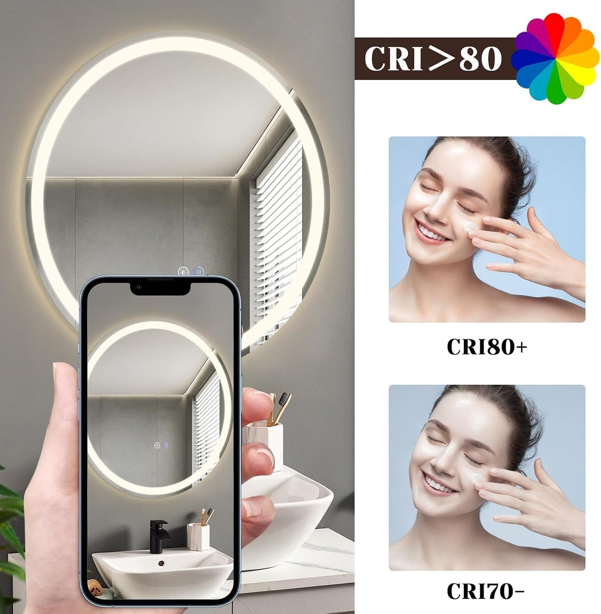 ZMH Spiegel Bad Badezimmerspiegel mit Beleuchtung - LED Badspiegel Rund 70cm Wandspiegel Badezimmer Dimmbar 3000K-6500K mit Touch-Schalter und Entfogger-Funktion