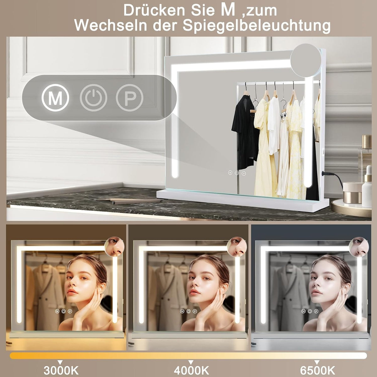 ZMH Schminkspiegel mit Beleuchtung,58x46cm LED Hollywood Tischspiegel