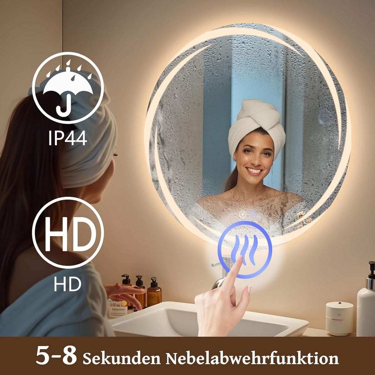 ZMH Badezimmerspiegel mit Beleuchtung Rund,Runder 80cm LED Badspiegel