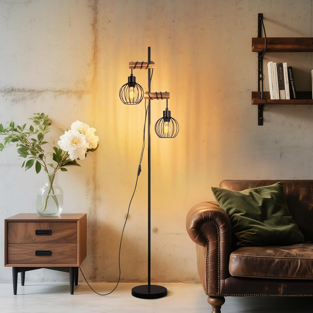 ZMH Stehlampe Wohnzimmer Holz Stehleuchte Schwarz im industrial Design