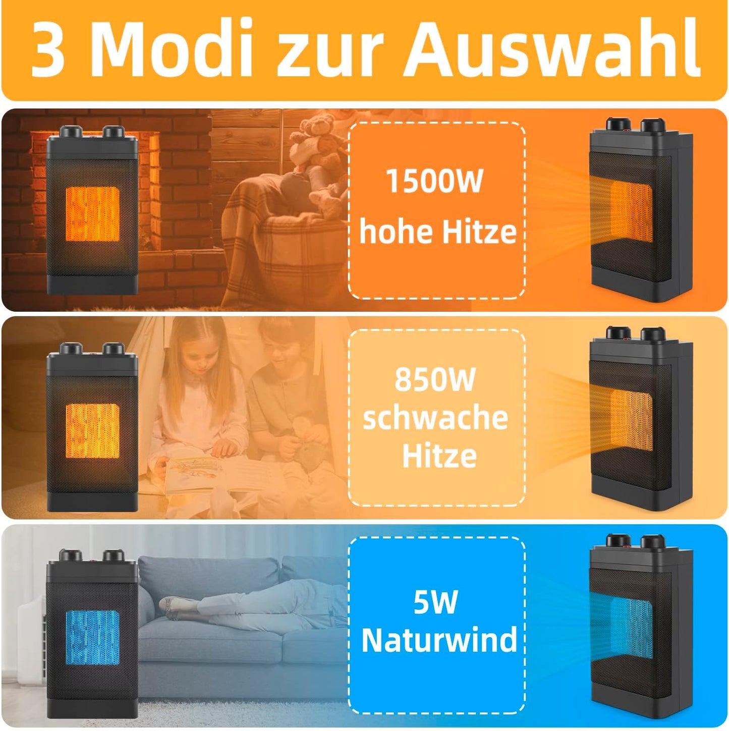 Heizlüfter, energiesparend, leise Heizung, elektrische Heizung, 3 Modi, PTC-Keramikheizung, Innenbereich, 1500 W, Badthermostat, 70° Oszillation, Raumheizung, elektrische Heizung, Überhitzungsschutz