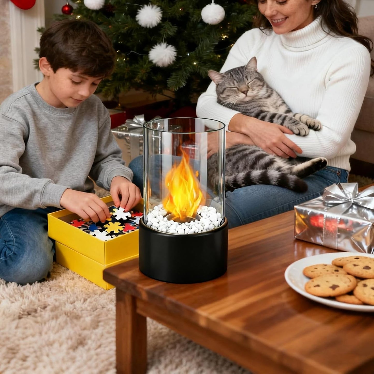 Tischkamin Ethanol Set – Tragbare Tischfeuerstelle mit Deko-Steinen – Dekorativer Innenfeuerstelle Kleine Feuerschale Heizung Edelstahl Ethanolfeuer Geeignet für Zuhause Balkon Garten Camping