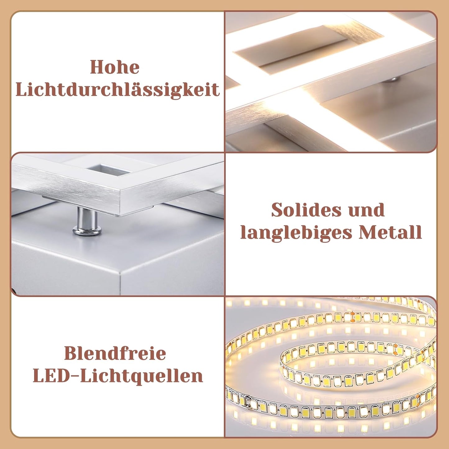 ZMH  Deckenleuchte LED Deckenlampe Wohnzimmer - Modern Design Küchenlampe 24W 3000K Wohnzimmerlampe Flurlampe Warmweiß Schlafzimmerlampe Flur Deckenbeleuchtung Eckig Silber für Esszimmer Büro