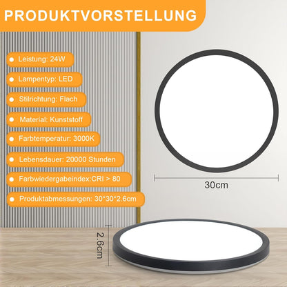 Deckenlampe LED Deckenleuchte Badezimmer - Ø30cm Badezimmerlampe Flach Schwarz Rhombenplatte Badlampe Rund Schlafzimmer Küchenlampe 24W Warmweiß Flurlampe Deckenbeleuchtung für Küche Flur Bad