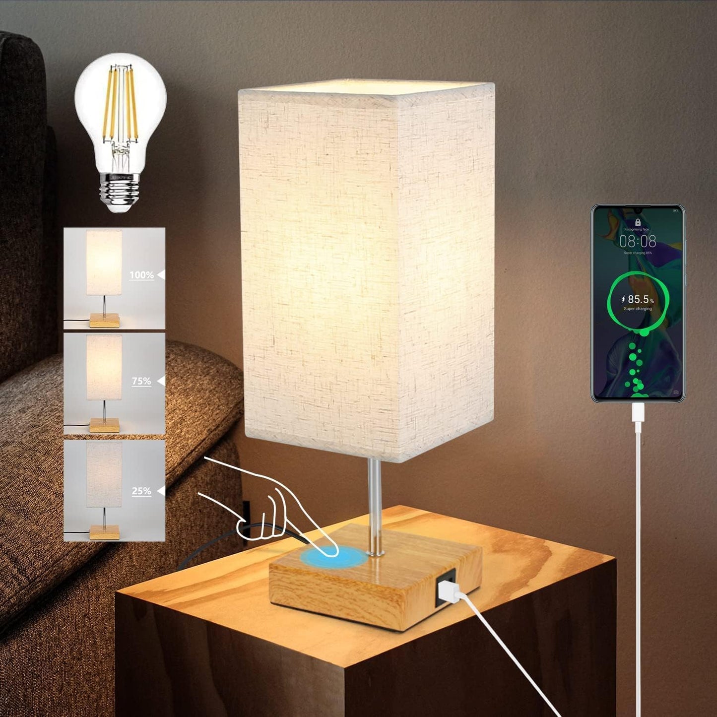 ZMH Tischlampe Dimmbar Touch Nachttischlampe - USB Vintage Schreibtischlampe mit Ladefunktion E27 Aufladbar Nachtlicht mit Stoff Lampenschirm für Schlafzimmer Geschenk Esszimmer Wohnzimmer