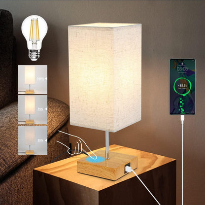 ZMH Tischlampe Dimmbar Touch Nachttischlampe - USB Vintage Schreibtischlampe mit Ladefunktion E27 Aufladbar Nachtlicht mit Stoff Lampenschirm für Schlafzimmer Geschenk Esszimmer Wohnzimmer