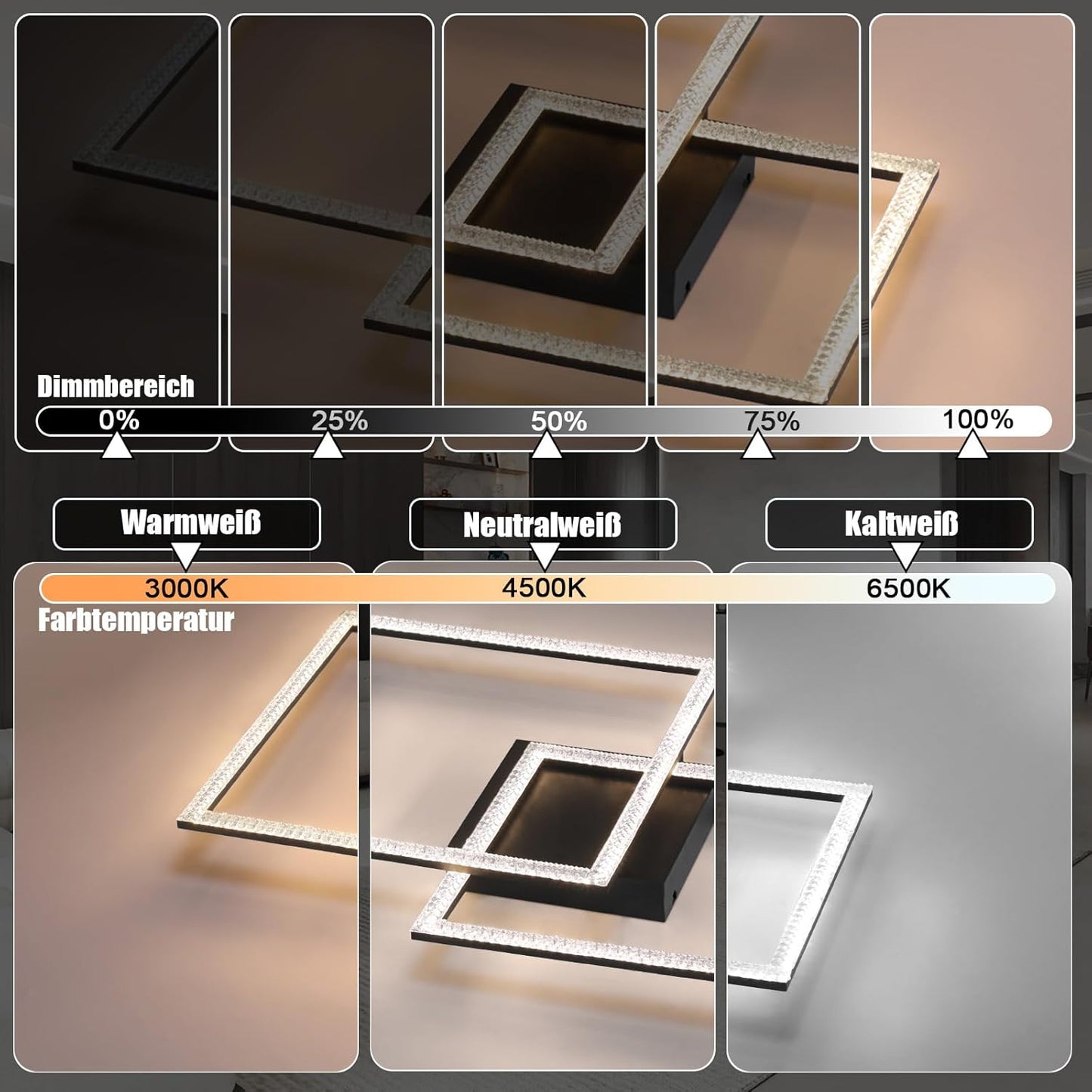 ZMH Deckenlampe LED Deckenleuchte Wohnzimmer - Wohnzimmerlampe Dimmbar Küchenlampe 54W Schwarz Schlafzimmerlampe Modern Design Quadraten Deckenbeleuchtung mit Fernbedienung für Schlafzimmer Küche