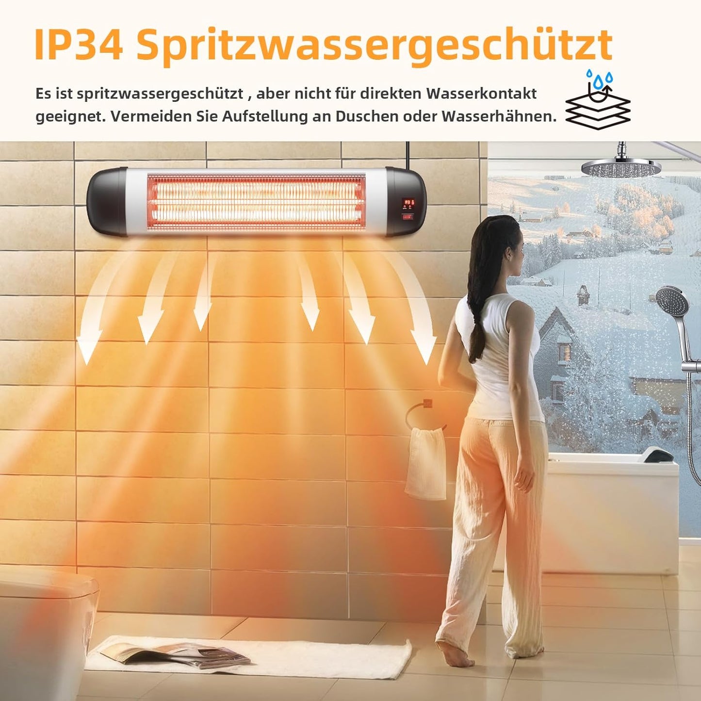 ZMH Terrassen-Infrarotheizung – 2500 W Infrarot-Heizung für den Außenbereich mit Fernbedienung, elektrische Heizung, Wandmontage, 3-stufige Heizung, Außen-Terrassenheizung für Badezimmer, Balkon, Garten