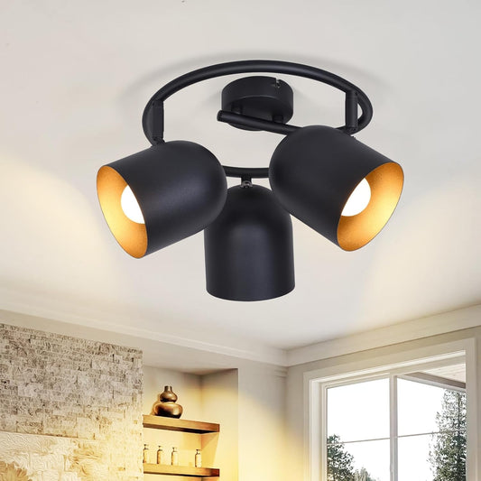 ZMH Deckenstrahler 3 flammig Deckenleuchte E14 : Vintage Deckenlampe K¨¹che in Schwarzgold Deckenspots rund Strahler Wohnzimmer industrie 350¡ã schwenkbar f¨¹r Esszimmer Flur - Ohne Leuchtmittel
