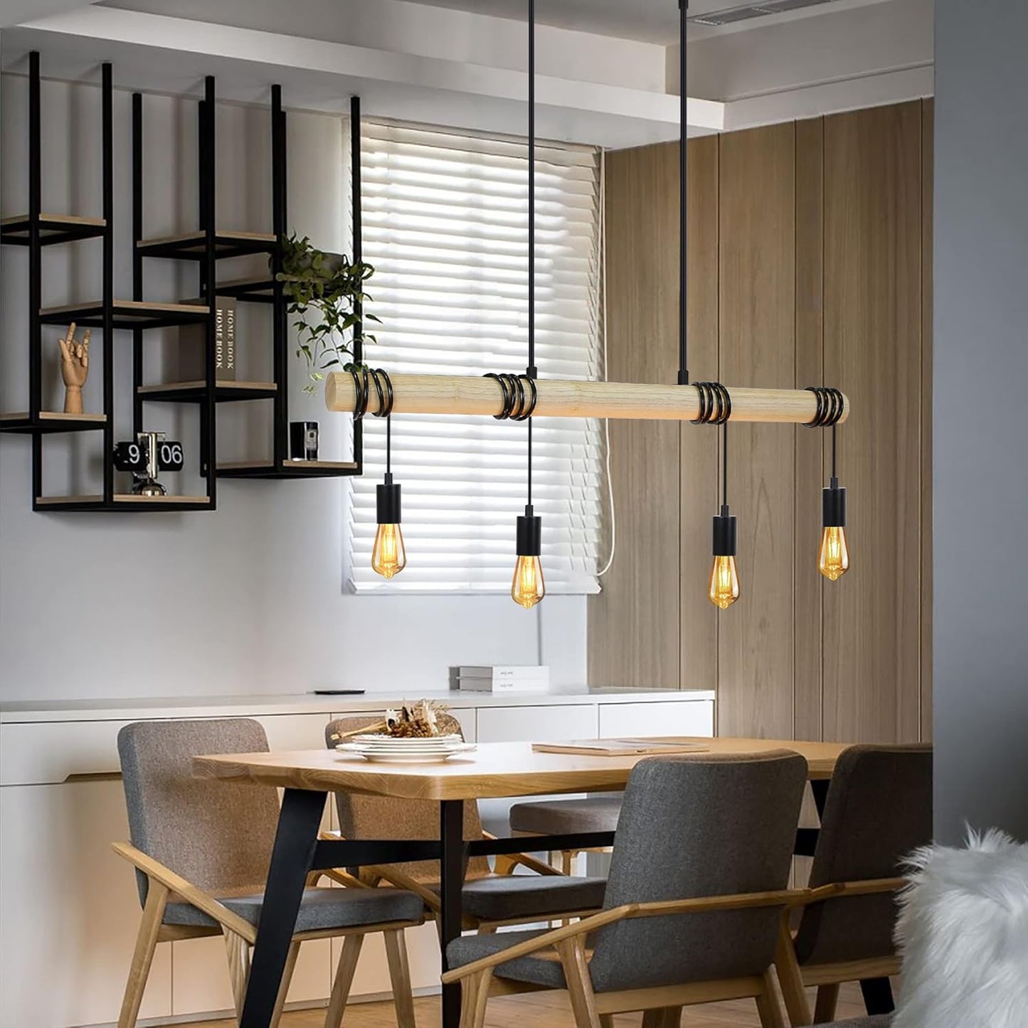 Pendelleuchte Esstisch Holz Hängelampe Vintage 4 Flammig E27 Hängeleuchte Retro Schöne Rustikal Lampe Industrial Esszimmerlampe für Esszimmertisch Wohnzimmer Cafés（Ohne Glühbirne）