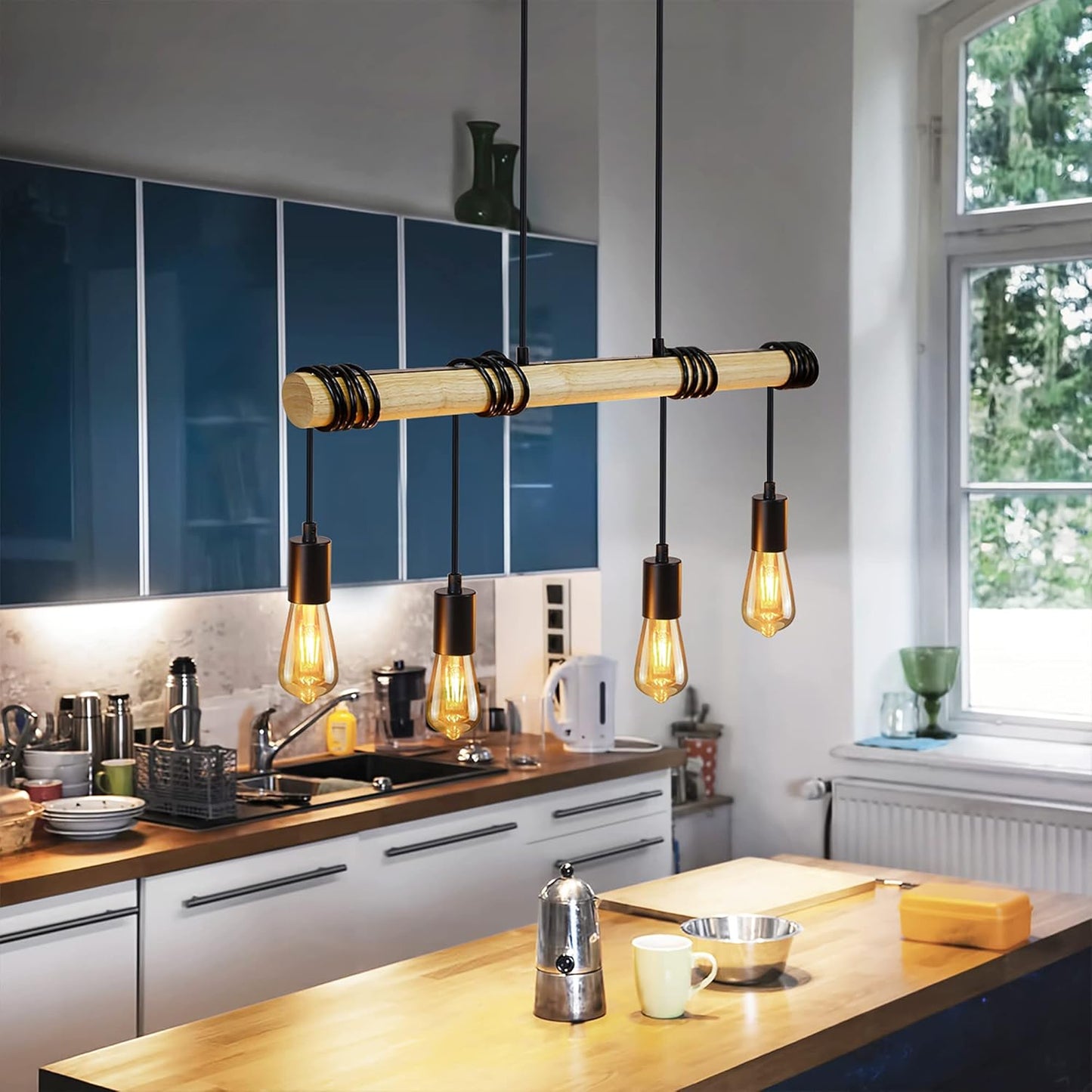 Pendelleuchte Esstisch Holz Hängelampe Vintage 4 Flammig E27 Hängeleuchte Retro Schöne Rustikal Lampe Industrial Esszimmerlampe für Esszimmertisch Wohnzimmer Cafés（Ohne Glühbirne）