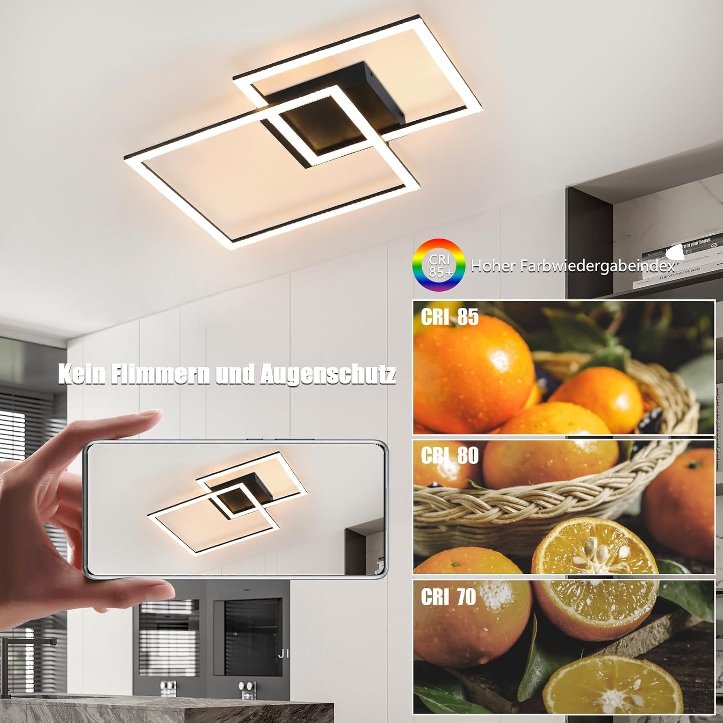 ZMH Deckenlampe LED Deckenleuchte Wohnzimmer - Wohnzimmerlampe Dimmbar Küchenlampe 54W Schwarz Schlafzimmerlampe Modern Design Quadraten Deckenbeleuchtung mit Fernbedienung für Schlafzimmer Küche